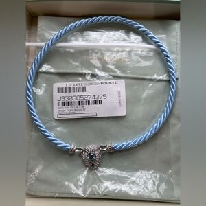 NOS Judith Ripka Silver/Blue Cord Necklace With Blue Topaz & Original Cloth/Box